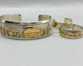 Vintage Navajo Storyteller Sterling Bracelet And Earrings