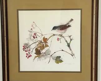 Bird On Branch Framed Watercolor Pencil Signed Artwork