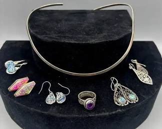 Sterling Silver Necklace Ring And 5 Pr Earrings