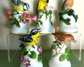 Five Franklin Mint Birds on Bells by artist Peter Barrett