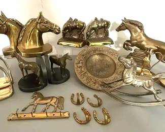 Lot of Brass Items Horse Bookends, Candlesticks, Horse Figurines