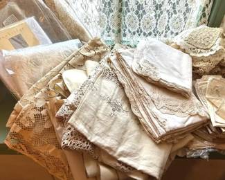 Lot of Mostly Vintage Table Linens Lace Embroidered Napkins, Tablecloths, Runners, Doilies