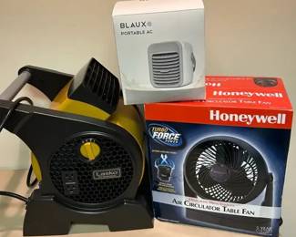 Three Portable Fans by Lasko, Honeywell and Blaux