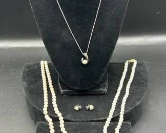 Two Pearl Necklaces 1 Bracelet, Sterling Chain with Pearl Diamond Pendant with Matching Earrings