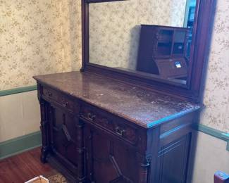 Antique Buffet Chest With Marble Top And Mirror
