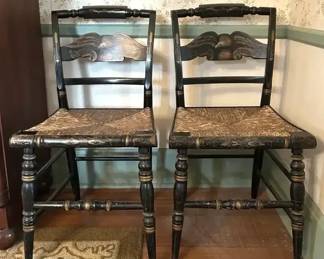 Vintage Pair of L. Hitchcock Black Lacquer Stenciled Side Chairs with Rush Seats