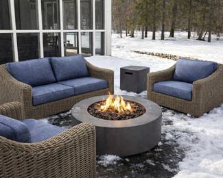 Restoration Hardware Provence chairs and loveseat, and RH Topanga fire pit