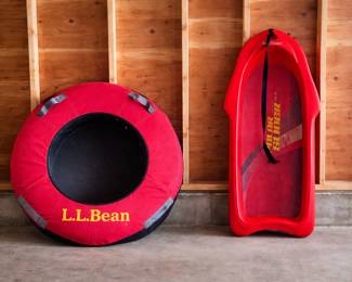 LLBean snow tube and LLBean Polar slider plastic sled