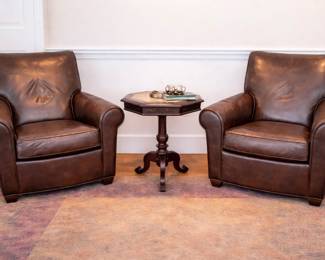 Ehan Allen brown leather chairs picture with one of the accent tables