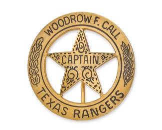 Woodrow F. Call Texas Rangers Captain's badge made by the Lopez Brothers, the official Texas Rangers badge makers, from a Mexican cinco peso coin, plated in 22K gold (customary for Captains' badges), marked Lopez on the verso