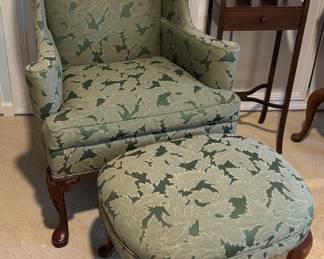 Damask Upholstered Queen Anne Wing Back with Ottoman