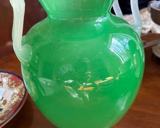 Steuben Jade Blown Glass Vase with Oyster Milk Handles - By Fredrick Carter - Art Deco