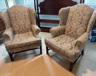 Pair of Damask Upholstery Patterned Wing Chairs