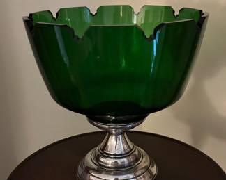 Beautiful Large Green Glass Bowl with Sterling Base
