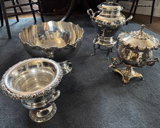 Large Silverplate Punch Bowl, Coffee and Samovars