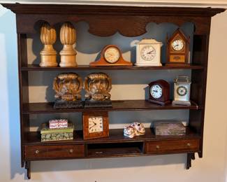 Hanging Shelf with Decorative Clocks and Accessories