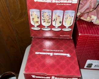 2 boxed sets os Certified International “Twilight Snowman” iced tea glasses