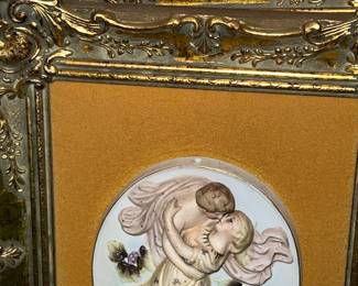 3D style romantic porcelain wall plaque with ornate gold-gilded frame