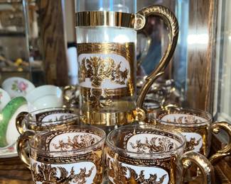Hollywood Regency Russian Martini Pitcher and Glass set (22k gold (?) filigree motif