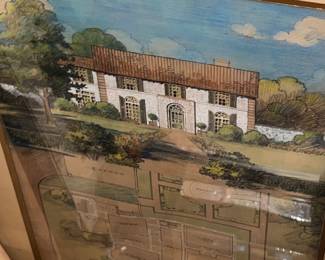 Watercolor painting of house and gardens