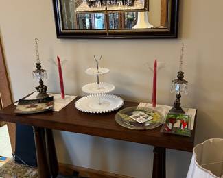 Table similar to English trestle base table; vintage Hollywood Recency candle holders; 3D relief of the Last supper