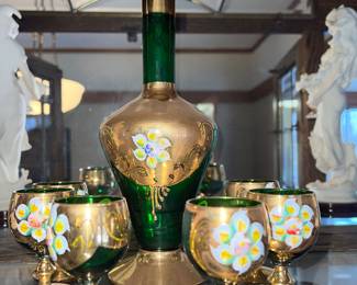 Vintage Bohemian Glass Decanter Set - Green Glass with Ornate 24k Gold Gilt with Floral Design