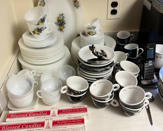 Vintage Arcopal France opal glass tableware and Vintage Illy espresso cups and saucers