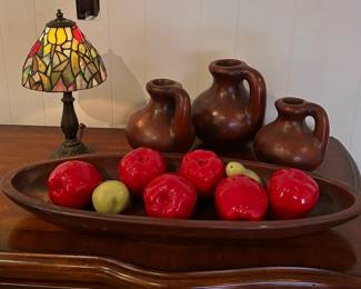 mini tiffany stle lamp, pottery from Mexico, glass fruit