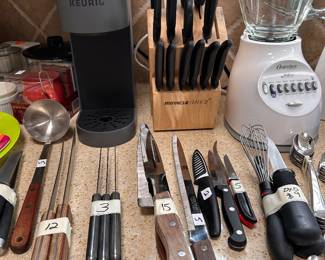 KEURIG single serve, OSTERIZER blender, cutlery in block