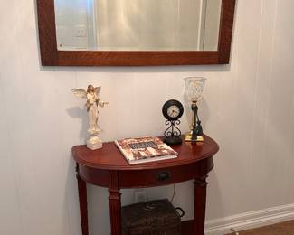 wood framed mirror, hall table