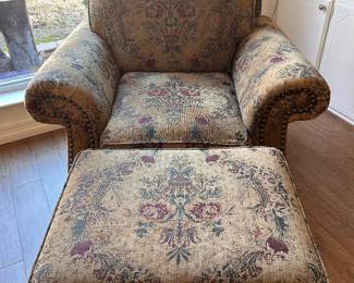 upholstered chair and ottoman, nail head trim, great condition