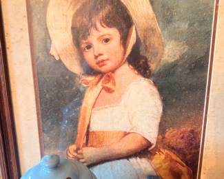 Vintage portrait print of girl, blue ceramic teapot