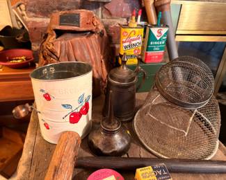 Vintage Bromwell's flour sifter, Singer oil tin, brass oil can, Liquid Wrench