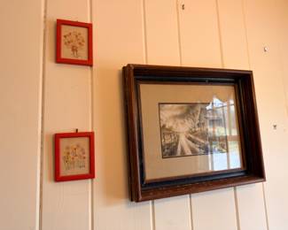 Framed landscape print, small floral artwork