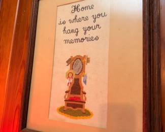 Framed vintage cross-stitch needlework sampler