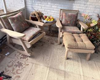 Patio furniture set, cushioned chairs, ottoman, side table
