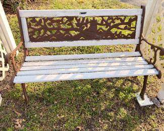 Cast iron and wood garden bench, decorative vine backrest