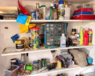 Garage shelving, paint, chemicals, cleaning supplies