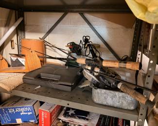 Metal shelving, hand tools, Walker kit, garage hardware