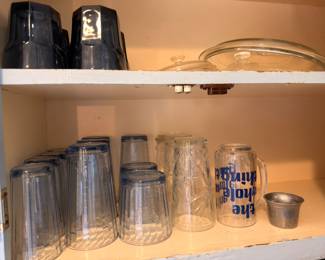 Glass pitchers, drinking glasses, assorted glassware