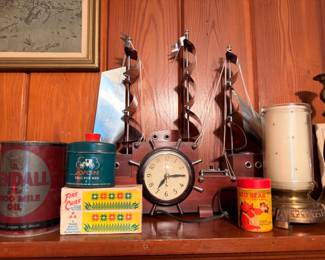 Vintage sailing ship mantel clock, Avon tin, Fire Chief matches, brass candlesticks