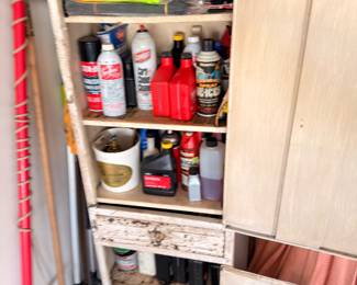 Garage cabinet, automotive fluids, cleaning supplies, spray paint