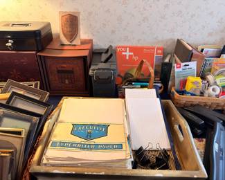 Vintage typewriter paper, office supplies, metal lockbox