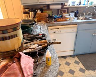 Kitchen utensils, mixing bowls, glassware, bakeware
