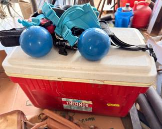Cooler, hand weights, life vests, Thermos