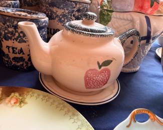 Decorative apple teapot, spongeware pottery canisters