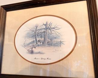 Framed oval winter spring house print with deer, matching set