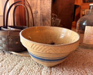 Antique yellowware mixing bowl with blue bands