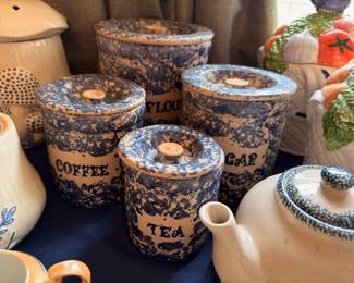 Blue spongeware pottery canister set, Flour Coffee Tea