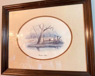 Framed oval rural landscape print, matching set